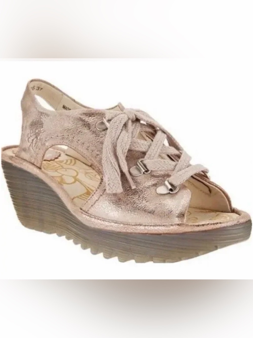 Fly London Yifa Metallic Silver Gold Open Toe Platform Wedge Sandals Y2K Size 8